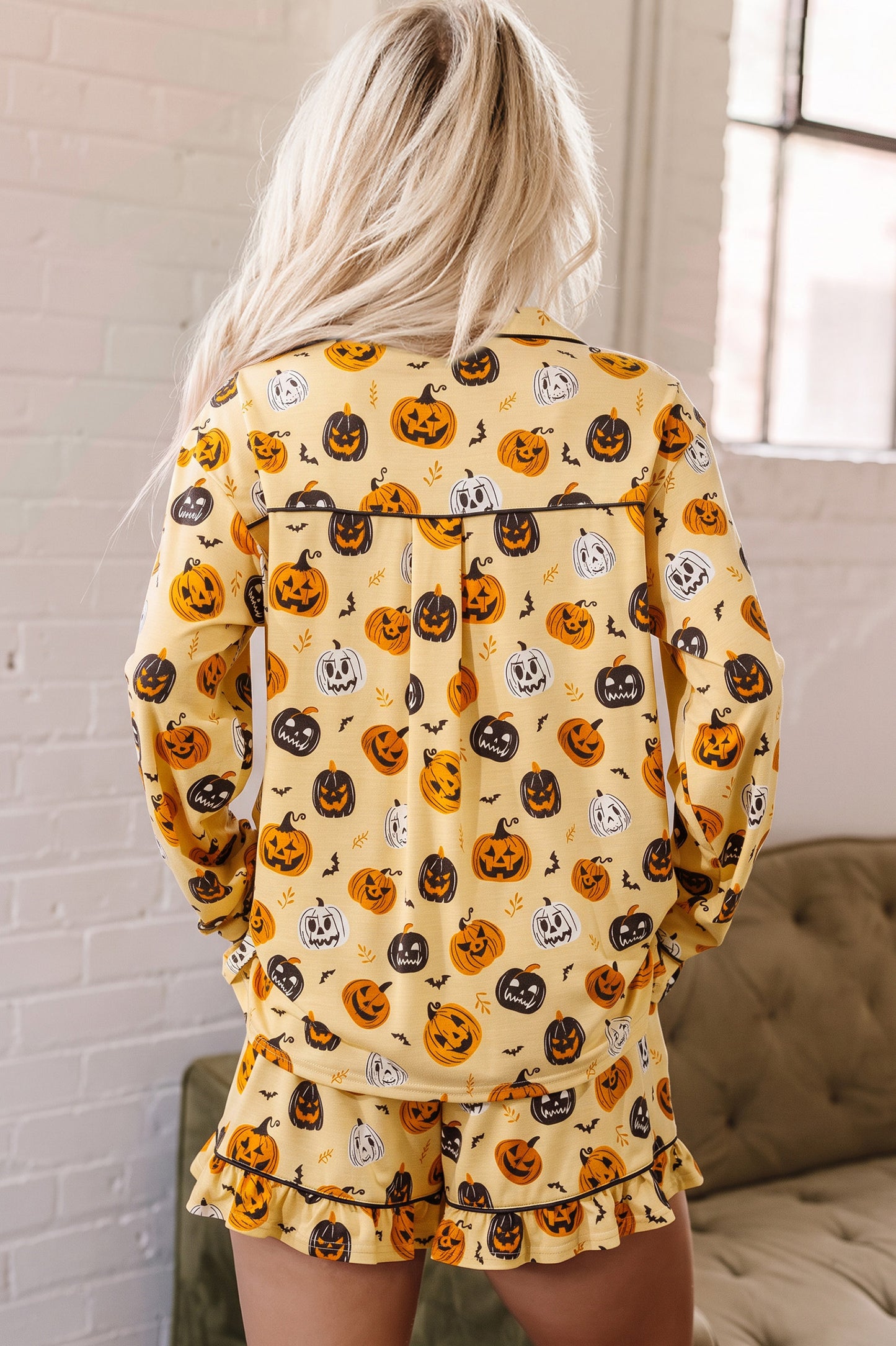 Halloween Long Sleeve Ruffle Pumpkin Face Print Two Piece Lounge Set Pajama Set
