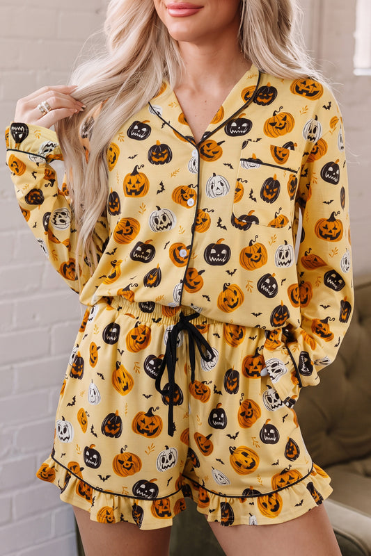 Halloween Long Sleeve Ruffle Pumpkin Face Print Two Piece Lounge Set Pajama Set