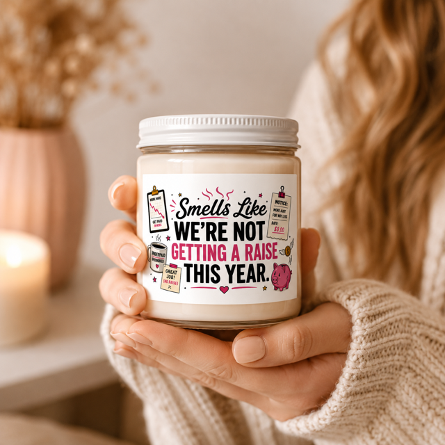 Woman holding Funny coworker gift candle with Smells Like We're Not Getting a Raise This Year label