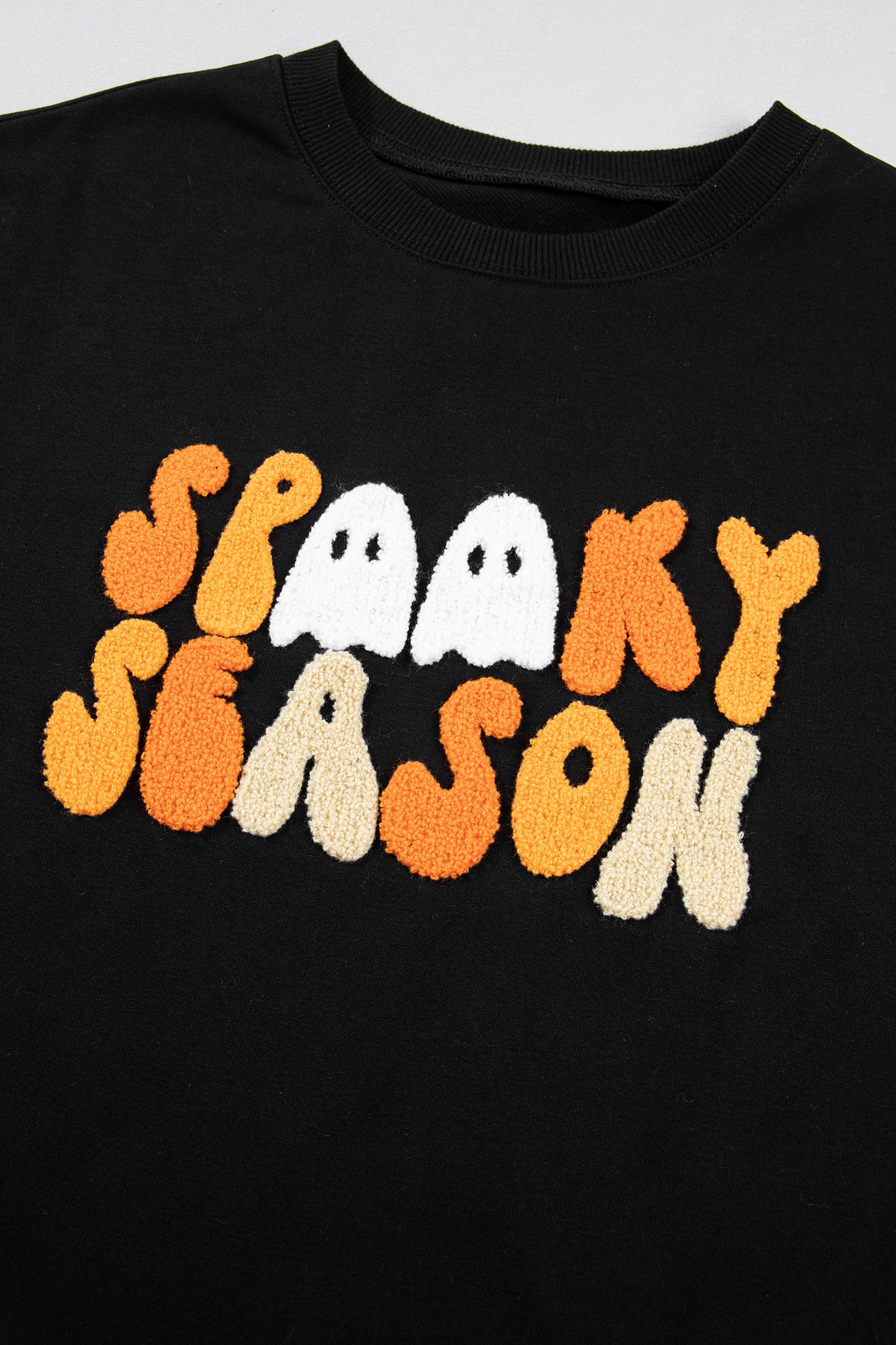 Embroidered Spooky Season Graphic Long Sleeve Round Neck Pullover Sweatshirt