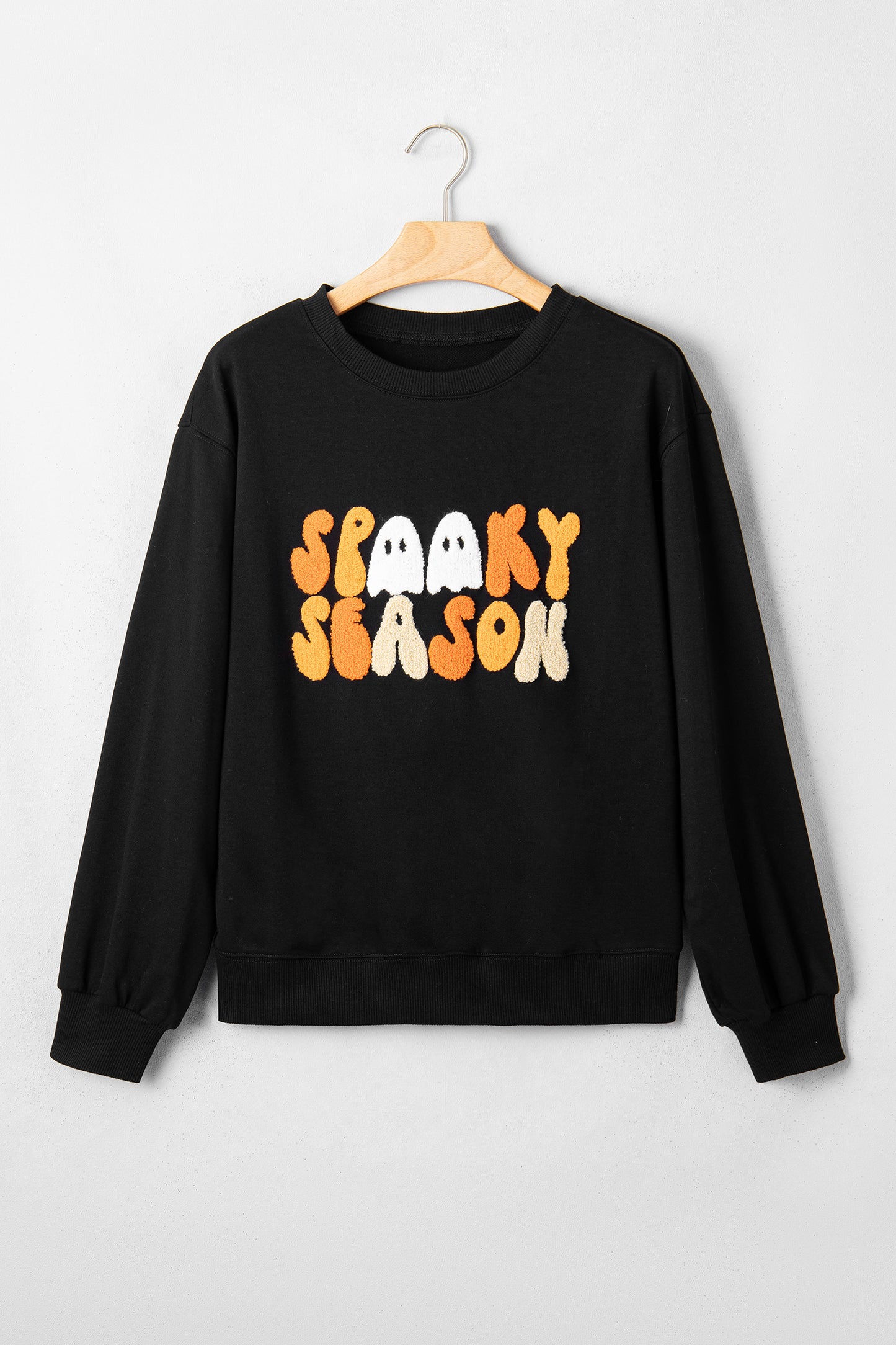 Embroidered Spooky Season Graphic Long Sleeve Round Neck Pullover Sweatshirt