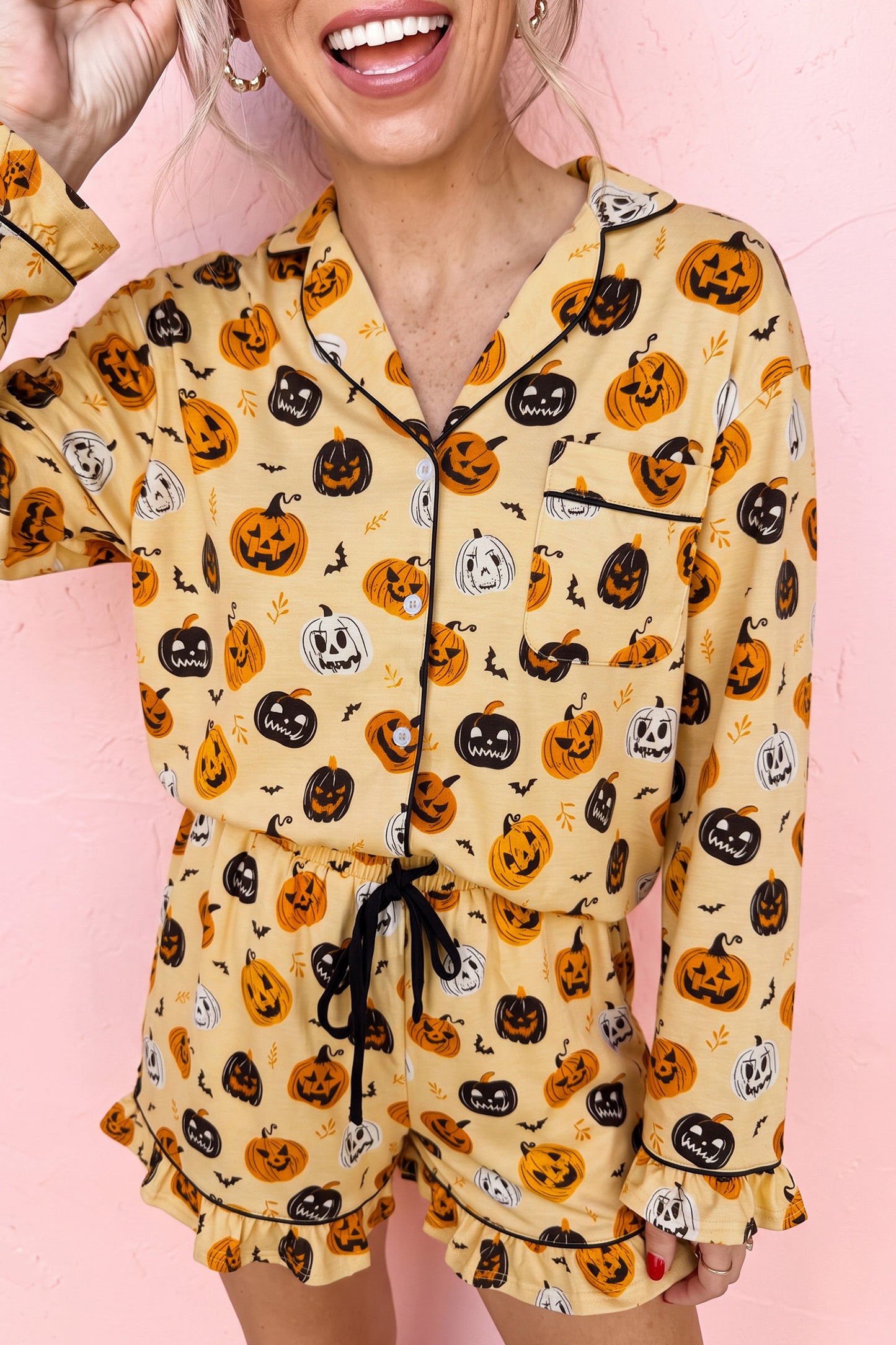 Halloween Long Sleeve Ruffle Pumpkin Face Print Two Piece Lounge Set Pajama Set