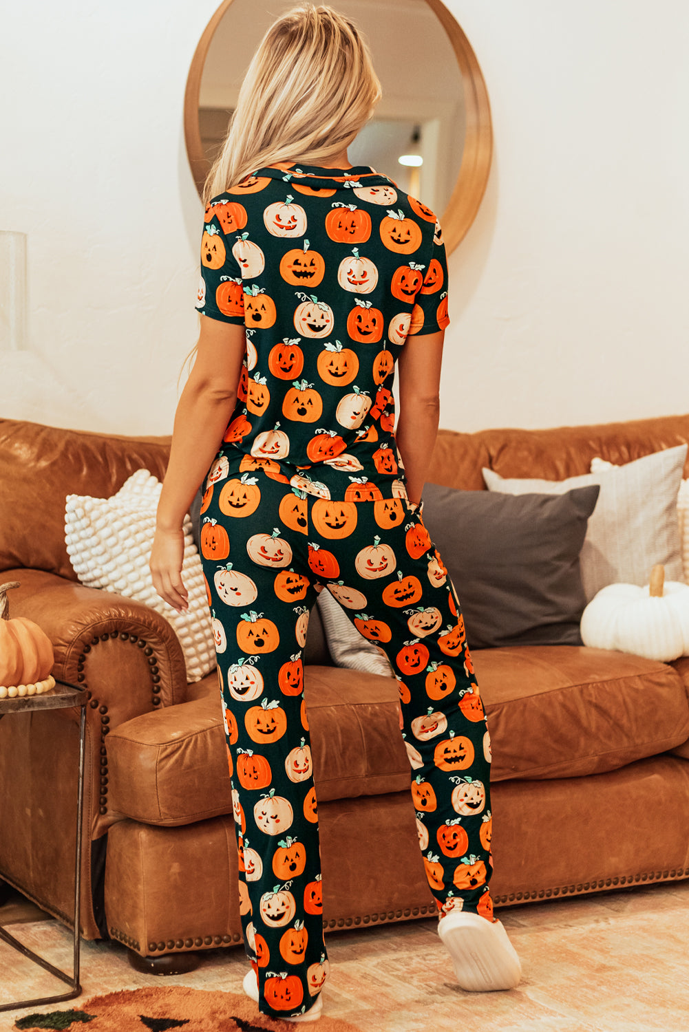 Orange Halloween Pumpkin Pattern Short Sleeve Shirt Pajama Set