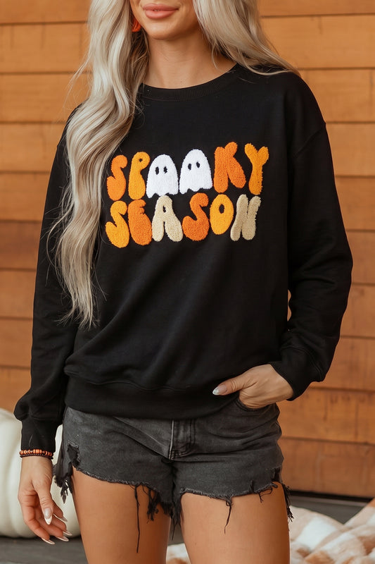 Embroidered Spooky Season Graphic Long Sleeve Round Neck Pullover Sweatshirt