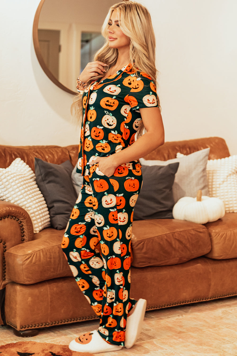 Orange Halloween Pumpkin Pattern Short Sleeve Shirt Pajama Set