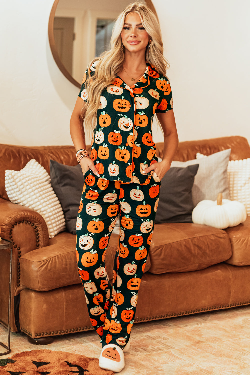 Orange Halloween Pumpkin Pattern Short Sleeve Shirt Pajama Set