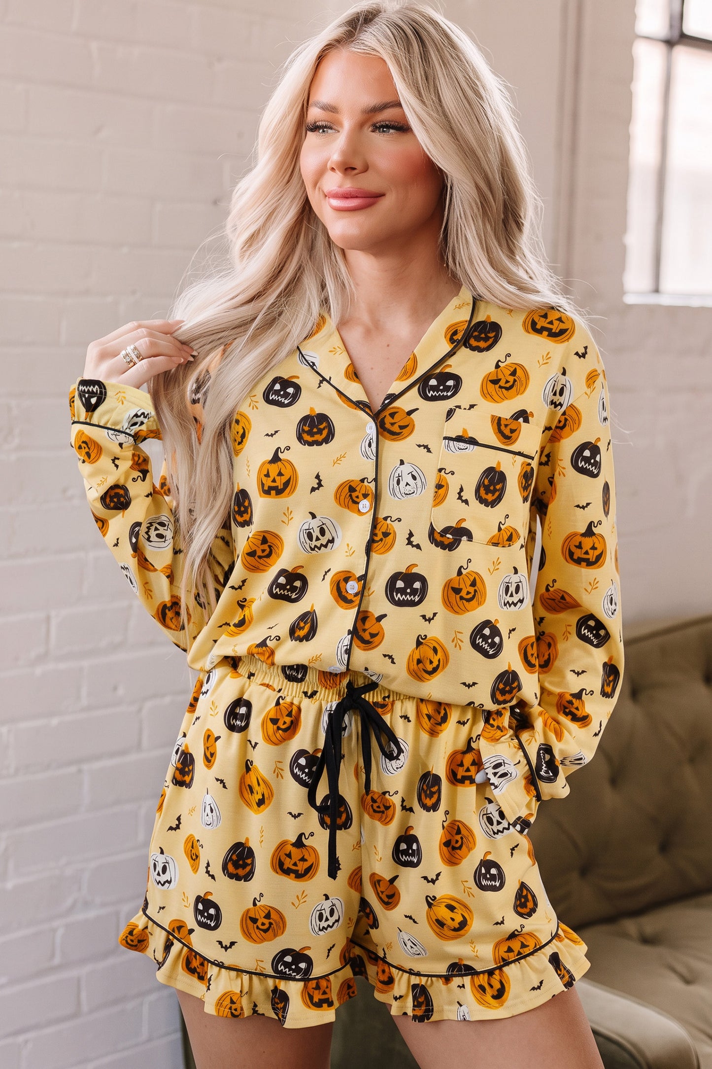 Halloween Long Sleeve Ruffle Pumpkin Face Print Two Piece Lounge Set Pajama Set