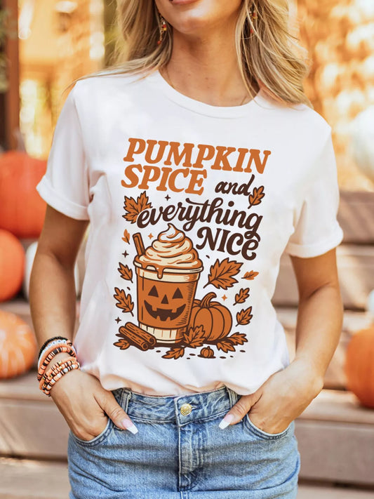 Pumpkin spice and everything nice fall graphic with pumpkin spice latte, pumpkins and autumn leaves